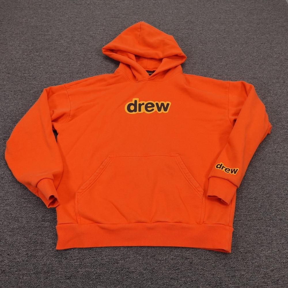 Drew House Hoodie Mens Medium Orange Pullover Fleece Logo Graphic Sweatshirt